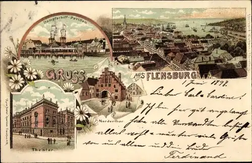 Litho Flensburg in Schleswig Holstein, Dampfschiffpavillon, Nordertor, Theater, Panorama