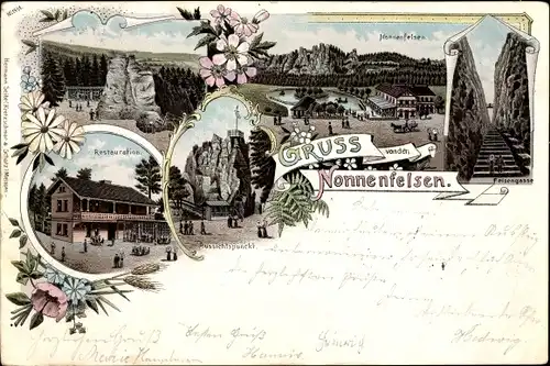 Litho Zittauer Gebirge, Nonnenfelsen, Felsengasse, Restauration, Aussichtspunkt