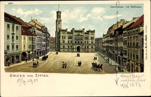 Litho Zittau in der Oberlausitz, Marktplatz mit Rathaus, Geschäfte
