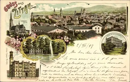 Litho Zittau in der Oberlausitz, Panorama, Kirche, Baugewerkschule, Weinau Restaurant, Rathaus