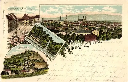 Litho Zittau in der Oberlausitz, Marktplatz mit Amtsgericht, Weinau Restaurant, Panorama, Berg Oybin