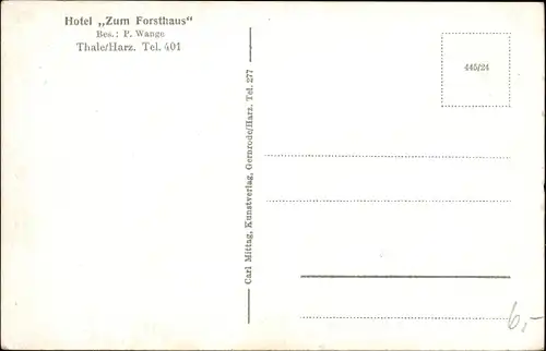 Ak Thale im Harz, Hotel zum Forsthaus, Inh. P. Wange, Straßenansicht, Auto