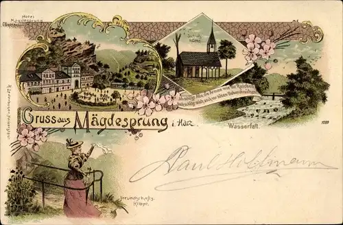 Litho Mägdesprung Harzgerode am Harz, Hotel Mägdesprung, Schutzhütte, Wasserfall, Freunschaftsklippe