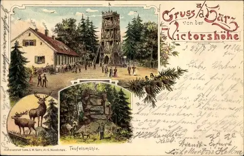 Litho Gernrode Quedlinburg im Harz, Victorshöhe, Gastwirtschaft, Aussichtsturm, Teufelsmühle