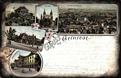 Litho Gernrode Quedlinburg im Harz, Stubenberg, Kirche, Panorama, Sternhaus, Haus Hagenthal