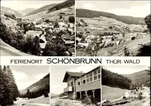Ak Schönbrunn Schleusegrund Thüringen, Blick auf den Ort mit Umgebung, Berghütte