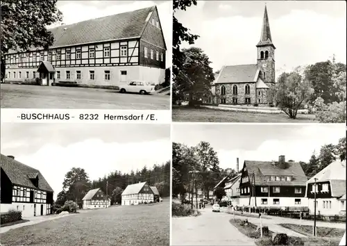 Ak Hermsdorf im Erzgebirge, Gaststätte Buschhaus, Kirche, Fachwerkhäuser, Straßenpartie