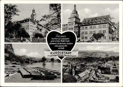 Ak Rudolstadt in Thüringen, Blick auf den Ort, Ruderboote, Schloss, Rathaus