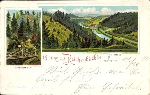 Litho Reichenbach im Vogtland, Loreley Felsen, Elstertal, Waldlandschaft