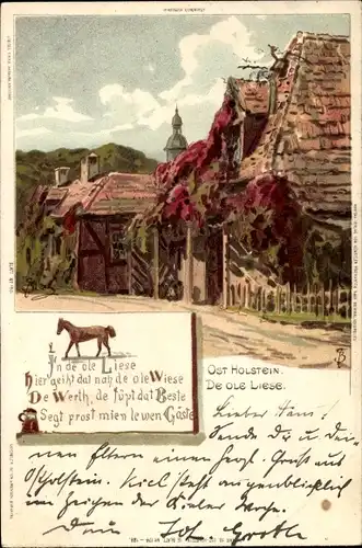 Künstler Litho Biese, C., Kiel in Schleswig Holstein, De Ole Liese, Straßenpartie im Ort, Pferd