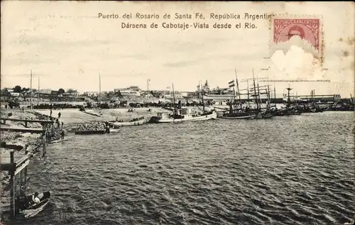 Ak Rosario Argentinien, Puerto, Dársena de Cabotaje, Vista desde el rio, Hafenpartie, Segelschiffe