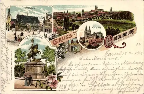 Litho Quedlinburg im Harz, Stadtansichten, Rathaus, Siegesdenkmal, Schloss