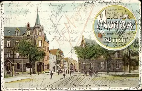 Litho Neumünster in Schleswig Holstein, Blick in die Ringstraße, Reklame Margarine Mohra