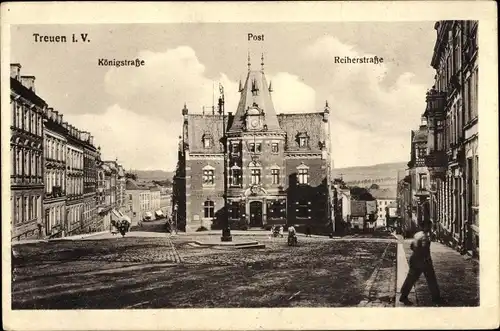 Ak Treuen im Vogtland Sachsen, Blick in die Königstraße, Reiherstraße, Post