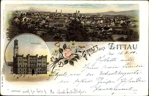 Litho Zittau in der Oberlausitz, Stadtpanorama, Rathaus