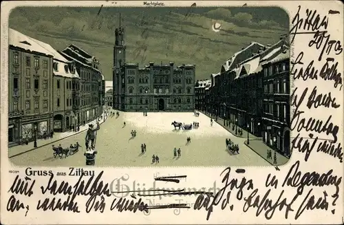 Mondschein Litho Zittau in der Oberlausitz, Winterbild, Marktplatz bei Nacht