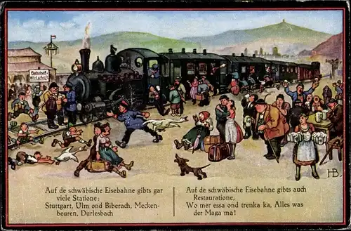 Künstler Ak Boettcher, Hans, Auf de schwäbische Eisebahne, Reisende, Schaffner, Dackel, Bahnsteig