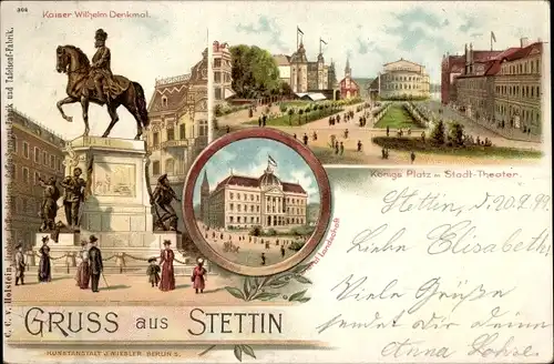 Litho Szczecin Stettin Pommern, Kaiser Wilhelm Reiterdenkmal, Königsplatz, Stadttheater