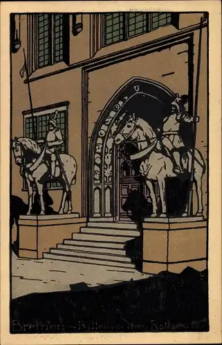Steindruck Ak Hansestadt Bremen, Rathaus, Eingangsbereich, Ritterstatuen auf Pferden, Treppe