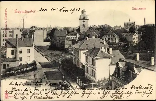 Ak Neumünster in Schleswig Holstein, Panoramablick auf die Stadt, Kirche