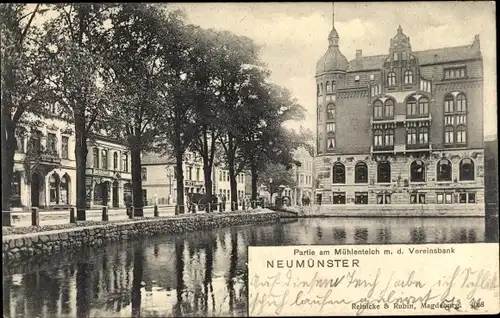 Ak Neumünster in Schleswig Holstein, Partie am Mühlenteich mit der Vereinsbank