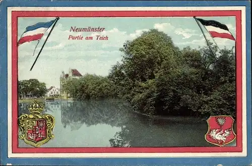 Passepartout Wappen Ak Neumünster in Schleswig Holstein, Partie am Teich, Fahnen