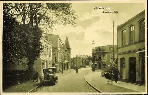 Ak Süderbrarup in Schleswig Holstein, Partie am Germaniaplatz, Geschäfte, Auto, Kinderwagen