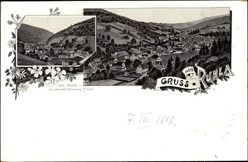 Litho Ruhla in Westthüringen, Panoramaansicht von Ortschaft und Umgebung