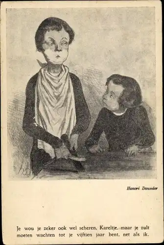 Künstler Ak Daumier, Honoré, Mann mit Rasierschaum im Gesicht wetzt die Rasierklinge