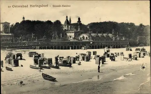 Ak Ostseebad Heringsdorf auf Usedom, Strandkasino, Gesamtansicht vom Strand
