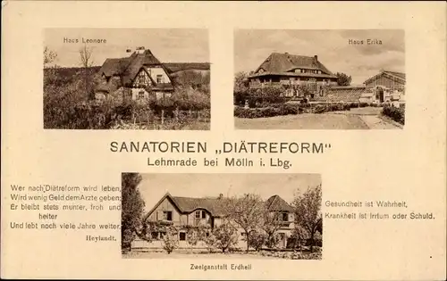 Ak Lehmrade Schleswig Holstein, Sanatorien Diätreform, Häuser Leonore u. Erika, Zweiganstalt Erdheil
