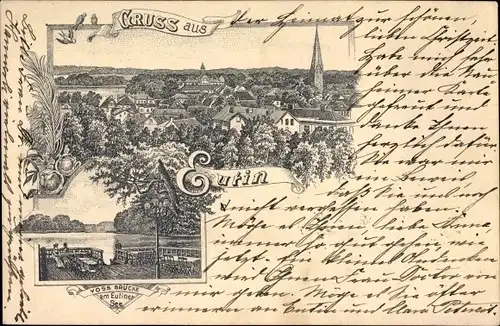 Litho Eutin in Ostholstein, Voss Brücke am Eutiner See, Teilansicht der Stadt