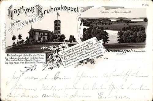 Vorläufer Litho Bruhnskoppel Malente in Ostholstein, Gasthaus, Bes. F. Grebien, Panorama vom Ort