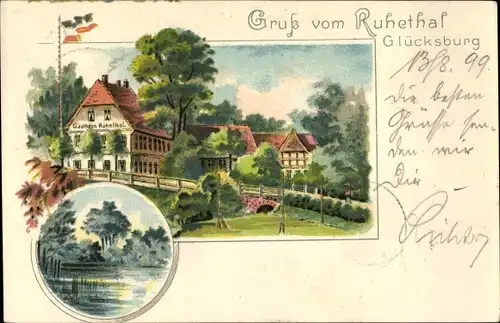 Litho Glücksburg in Schleswig Holstein, Gasthaus Ruhethal und Umgebung