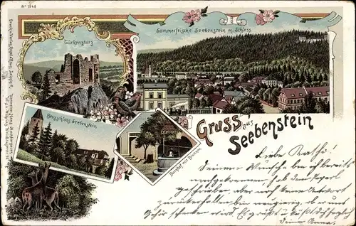 Litho Seebenstein in Niederösterreich, Türkensturz, Bergschloss, Burghof mit Brunnen