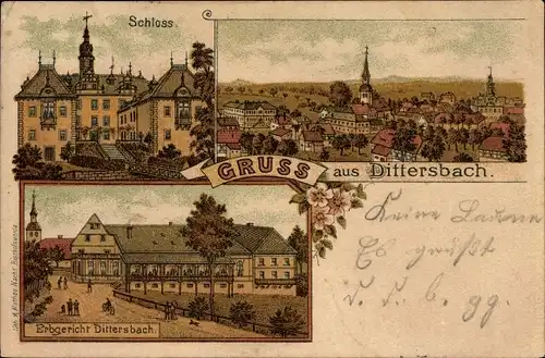 Litho Dürrröhrsdorf Dittersbach in Sachsen, Schloss, Erbgericht, Panorama vom Ort