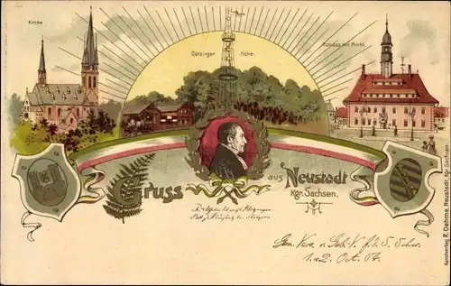 Wappen Litho Neustadt Sachsen, Götzinger Höhe, Wilhelm Leberecht Götzinger, Kirche, Markt, Rathaus