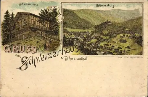 Litho Schwarzburg im Schwarzatal Thüringen, Schweizerhaus, Ortschaft mit Landschaftsblick