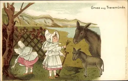 Litho Travemünde Lübeck Schleswig Holstein, Mädchen und Esel auf einer Wiese