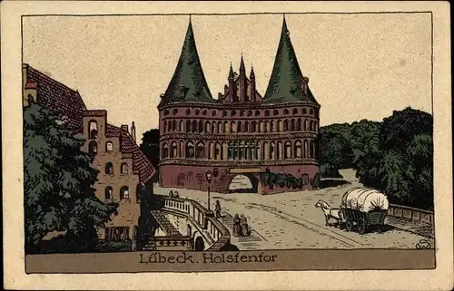 Steindruck Ak Lübeck in Schleswig Holstein, Partie am Holstentor