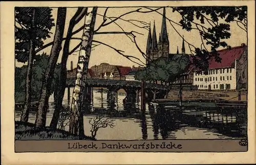 Steindruck Ak Lübeck in Schleswig Holstein, Partie an der Dankwartsbrücke