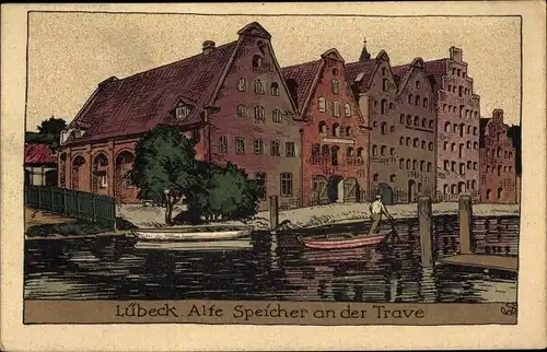 Steindruck Ak Lübeck in Schleswig Holstein, Speicher an der Trave