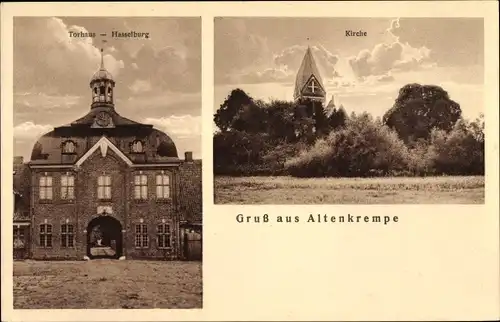 Ak Altenkrempe in Ostholstein, Hasselburg, Torhaus, Kirche