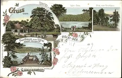 Litho Eutin in Ostholstein, Ukleisee, Gasthaus zum Uglei, Bes. August Holzbach, Angelbrücke, Eiche