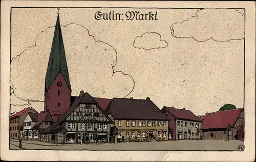 Steindruck Ak Eutin in Ostholstein, Partie am Markt, Kirche