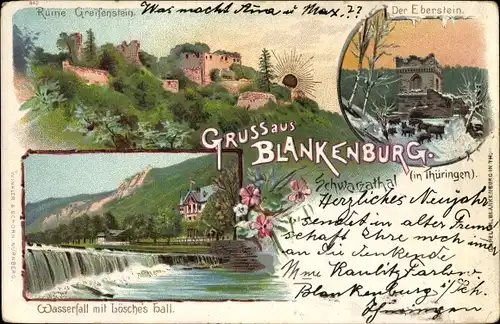 Litho Bad Blankenburg im Kreis Saalfeld Rudolstadt, Wasserfall mit Lösche's Hall, Eberstein, Ruine