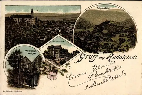 Litho Rudolstadt in Thüringen, Schwarzburg, Rudolsbad, Kloster Paulinzella, Panorama vom Ort