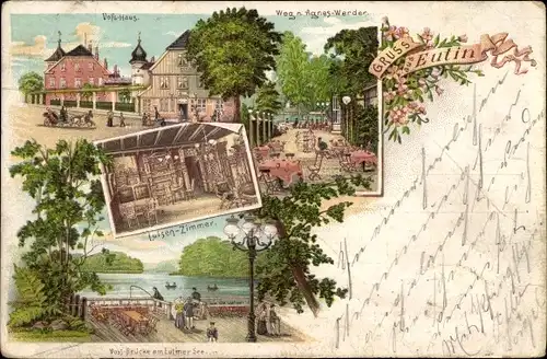 Litho Eutin in Ostholstein, Voßhaus, Weg nach Agneswerder, Luisenzimmer, Voßbrücke am Eutiner See