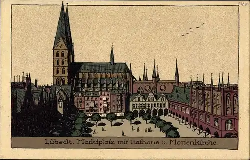 Steindruck Ak Lübeck in Schleswig Holstein, Marktplatz mit Rathaus und Marienkirche