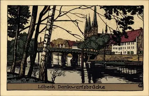 Steindruck Ak Lübeck in Schleswig Holstein, Dankwartsbrücke, Kirche